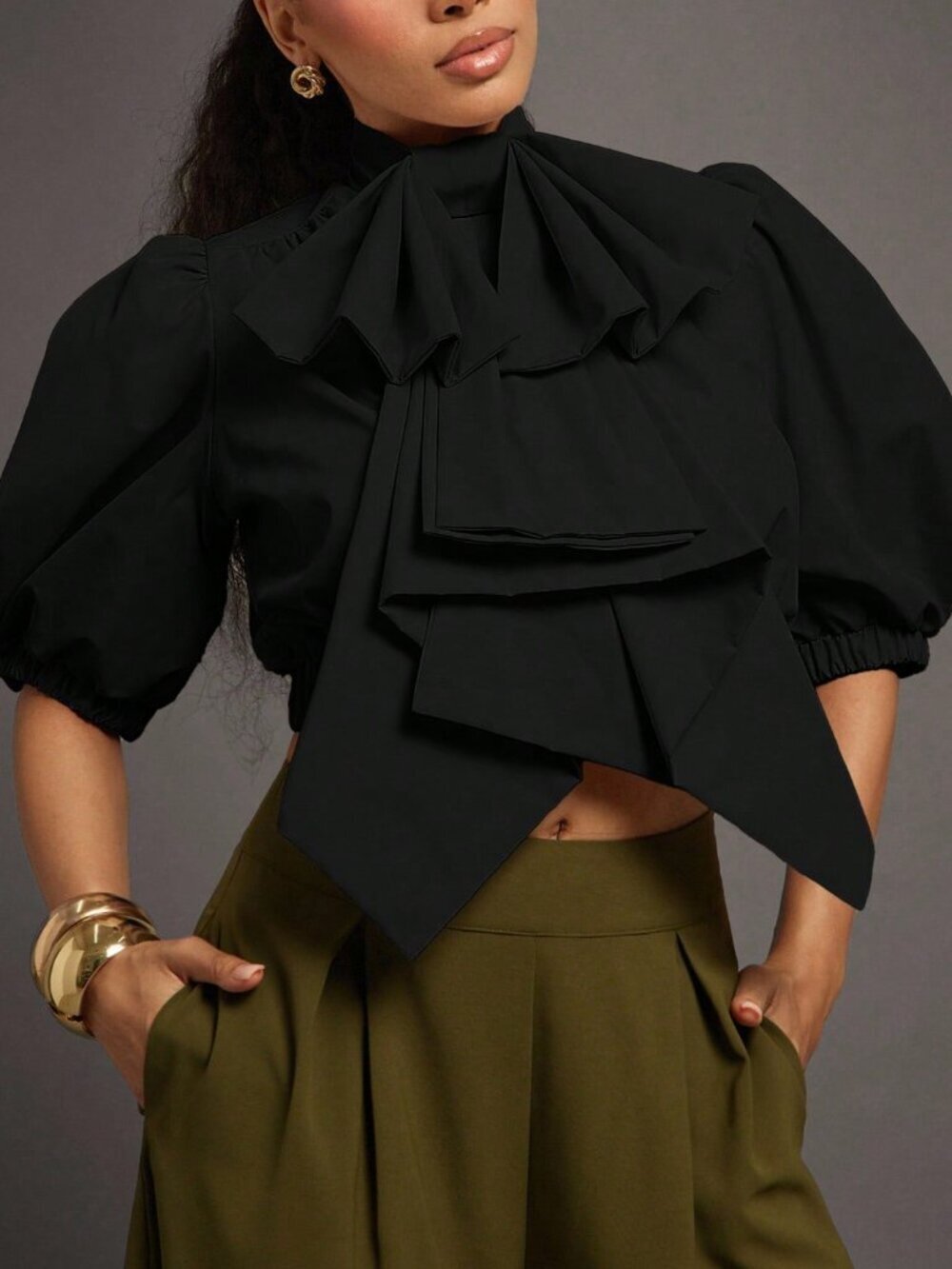 Black Elegant Women's Exaggerated Bow Puff Sleeve Zip Up Woven Top - Picture 5 of 5